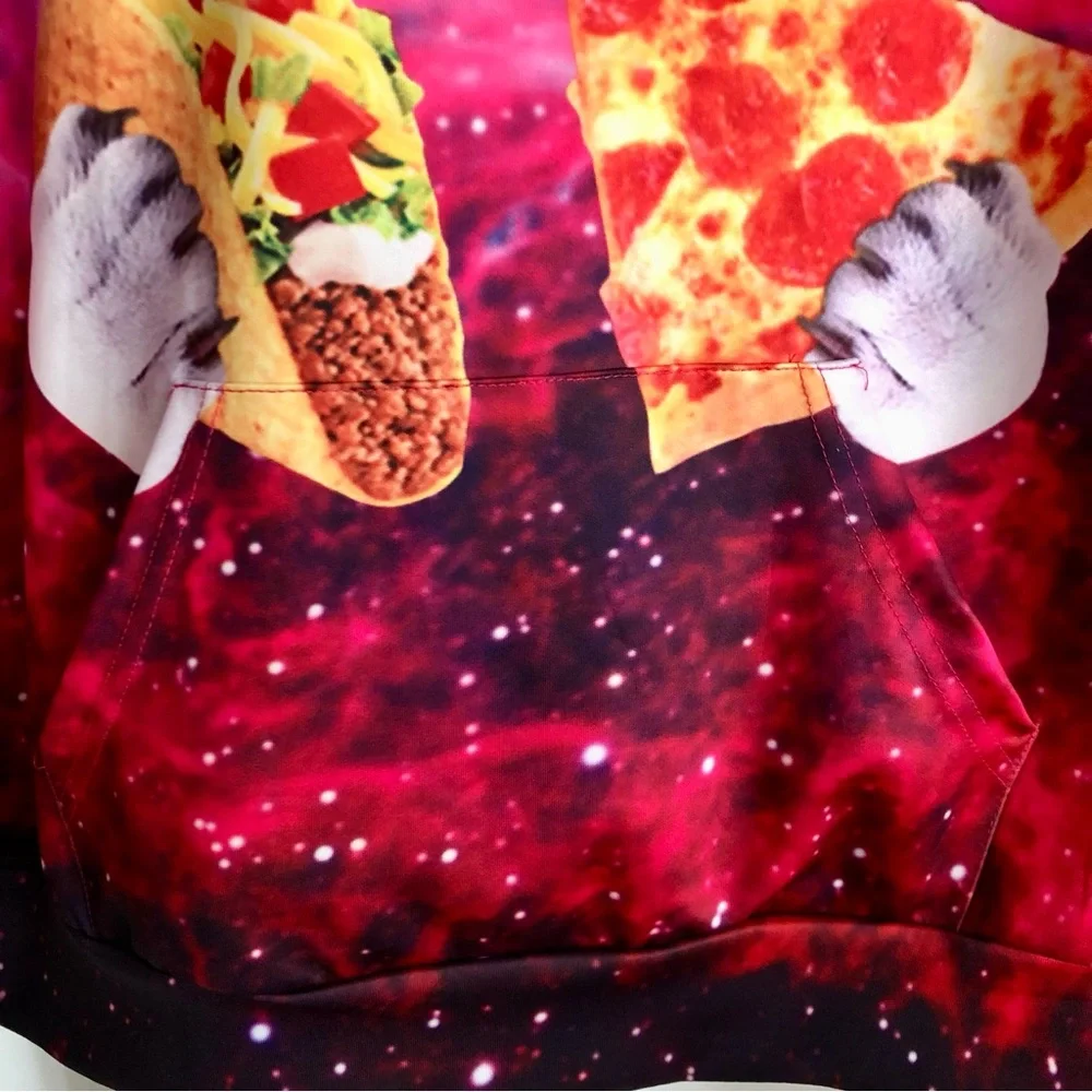 Cat Pizza Taco Galaxy Cosmic multicolor Hoodie Pink Purple pocket L/XL - Picture 5 of 8